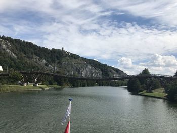 Scenic view of river by mountains against sky