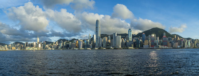 Victoria harbour view from west kowloon at sunset, hong kong