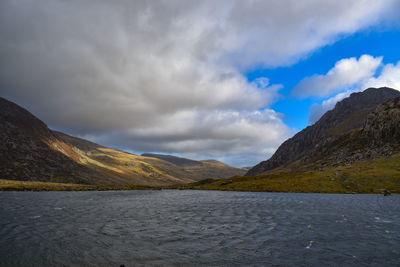 Scenic view of lake by mountains against sky