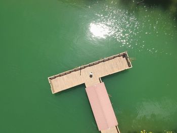 High angle view of metallic structure in lake