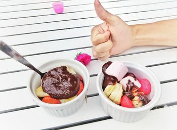 High angle view of ice cream in bowl on table