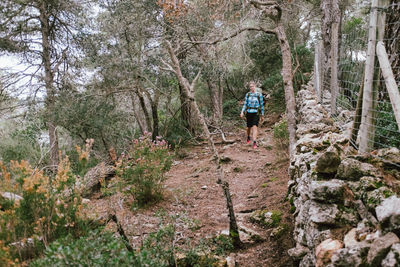 Full length of man climbing amidst trees in forest