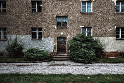 Plants growing on field against residential building