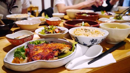 Close-up of food served on table