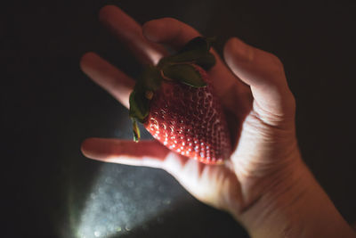 Close-up of hand holding strawberry