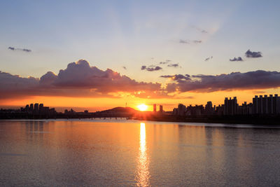 Scenic view of buildings against sky during sunset