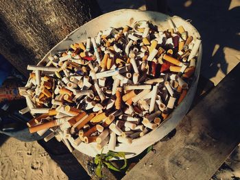 High angle view of chopped vegetables on table