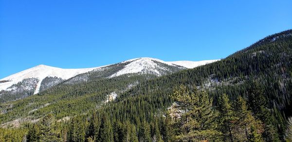 Scenic view of mountains against clear blue sky