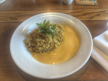 High angle view of food in plate on table