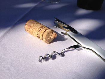 High angle view of wine bottles on table