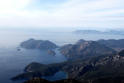 Scenic view of sea and mountains against sky