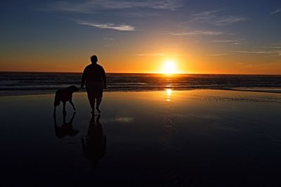 Silhouette man walking at beach during sunset