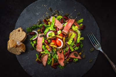 High angle view of chopped vegetables in pan