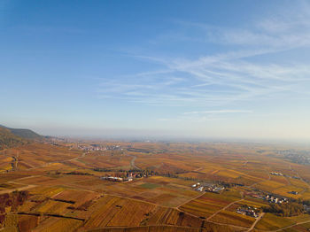 Aerial view of agricultural landscape against sky