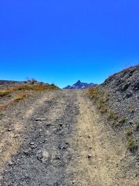 Scenic view of road against clear blue sky