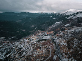 Aerial view of snowcapped mountain road against sky