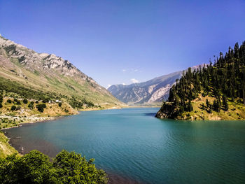 Scenic view of lake and mountains against clear blue sky