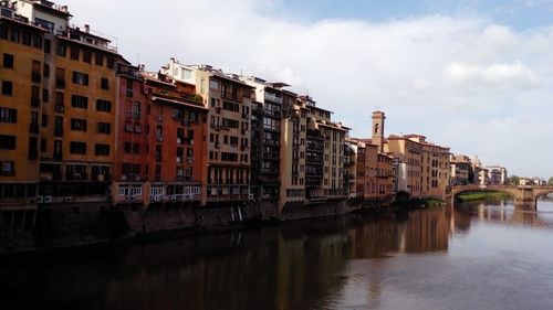 Canal by buildings in city against sky