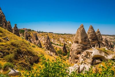 Rock formations against clear blue sky