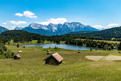 Scenic view of lake and mountains against sky