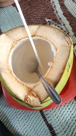 High angle view of breakfast served on table