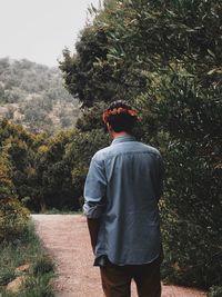 Rear view of man looking at forest