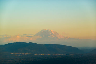 Scenic view of mountains against sky during sunset