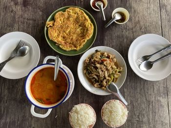 High angle view of breakfast served on table