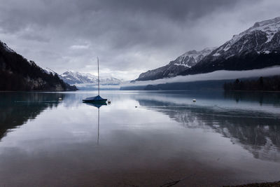 Scenic view of lake and mountains against sky