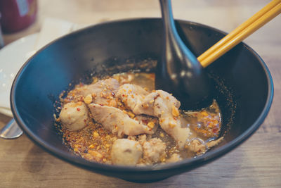 High angle view of meat in bowl on table