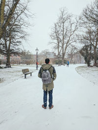 Rear view of person walking on snow covered field