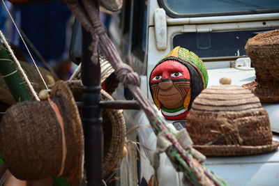 Close-up of stuffed toys hanging in car