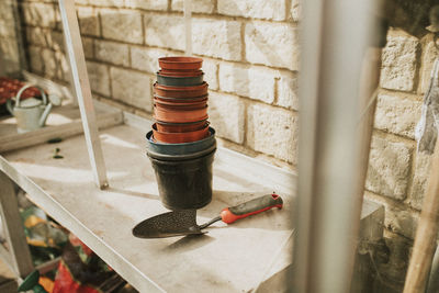 High angle view of containers on table