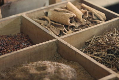Close-up of food in box on field