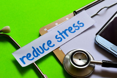 High angle view of text on table