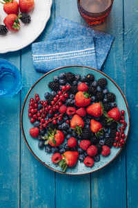 High angle view of strawberries in bowl