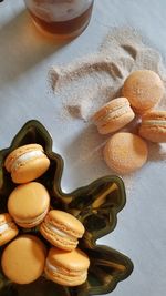 High angle view of cookies in plate on table