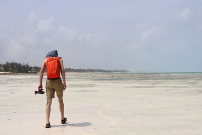 Full length rear view of man walking at beach against sky