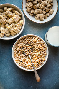 High angle view of food in bowls on table