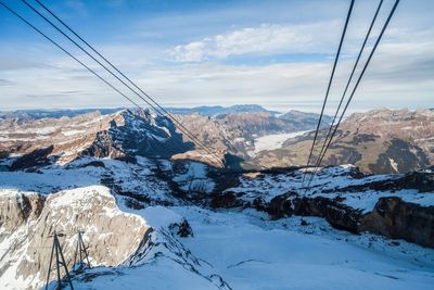 Low angle view of snow covered mountain against sky