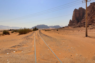 Landscape view of old rails in wadi rum desert, jordan