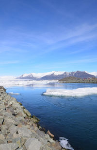 Scenic icey landscape with a flowing water way in the south of iceland.