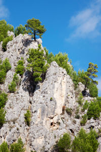 Low angle view of rock formation on mountain against sky