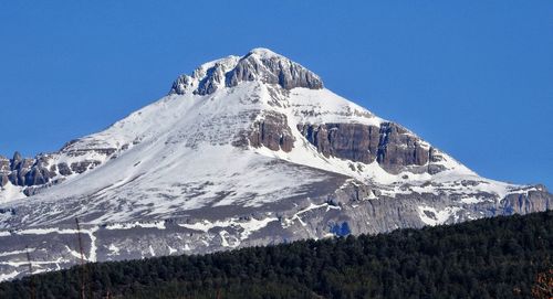 Scenic view of snowcapped mountains against clear blue sky