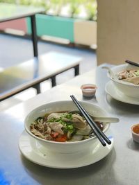 Close-up of soup in bowl on table