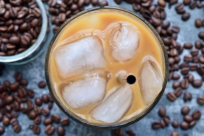 High angle view of coffee beans on table