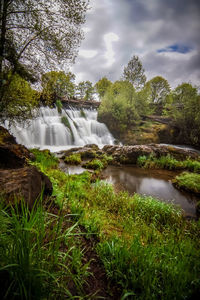 Scenic view of waterfall in forest against sky