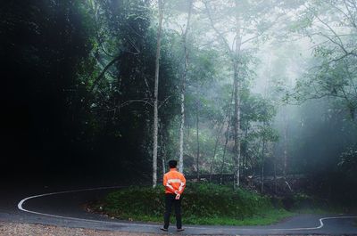 Rear view of man standing on road in forest during foggy weather