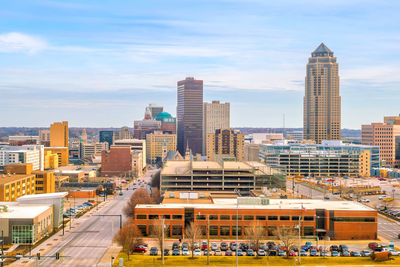 High angle view of buildings in city against sky