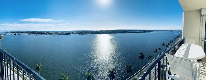 High angle view of bay against sky